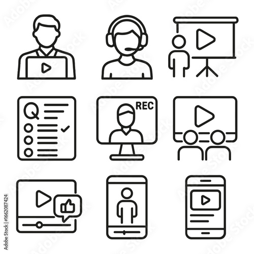 Educational Multimedia Icons. Line style icons of educational multimedia scenes: teacher with video player, student with headset,