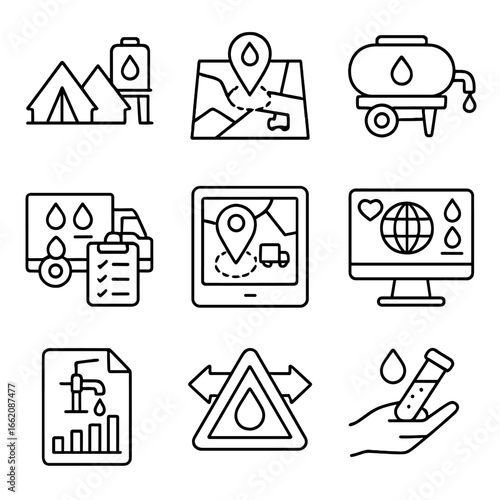Crisis Water Data Icons. Line style icons of humanitarian and crisis water data: refugee camp with water tank, emergency water