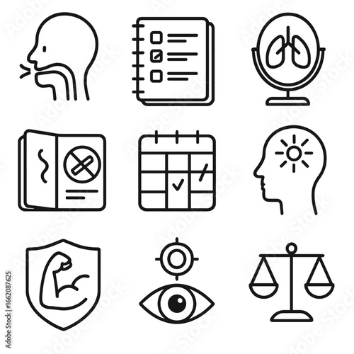 Mindset Icons Collection. Line style icons of personal reflection and mindset: head with clean breath path, notebook of reasons to