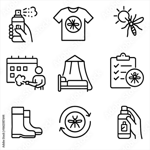Mosquito Protection Icons. Line style icons of daily routine mosquito protection: morning application of spray, daytime repellent