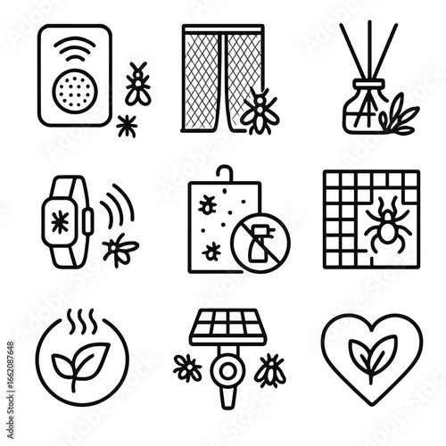 Eco-Friendly Pest Solutions. Line style icons of insecticide-free prevention: ultrasonic bug repeller, magnetic screen door,
