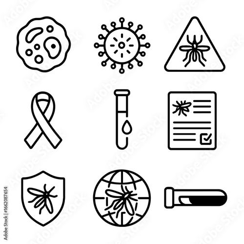 Mosquito Disease Awareness Icons. Line style icons of mosquito-related diseases awareness: malaria cell icon, dengue virus symbol,