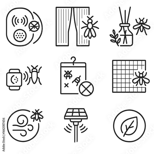 Eco-Friendly Pest Solutions. Line style icons of insecticide-free prevention: ultrasonic bug repeller, magnetic screen door,
