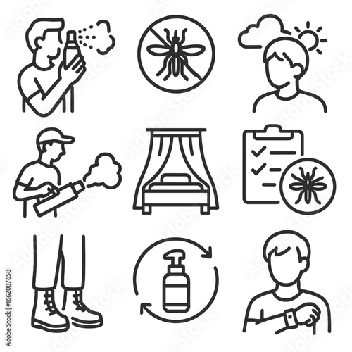 Mosquito Protection Icons. Line style icons of daily routine mosquito protection: morning application of spray, daytime repellent