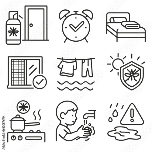 Mosquito Safety Icons. Line style icons of daily-use mosquito-safe practices: repellent by door icon, reapply reminder alarm, net