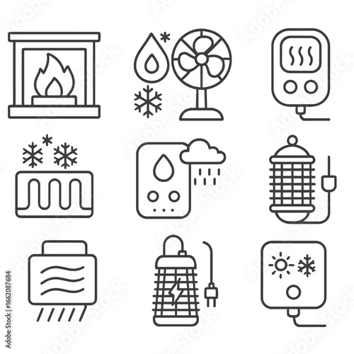 Seasonal Home Electronics Icons. Line style icons of seasonal home electronics: electric fireplace, humidifier in winter mode,