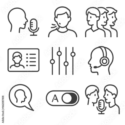 Audiobook Narration Icons. Line style icons of audiobook narrator and voice: profile with mic symbol, voice wave from avatar,
