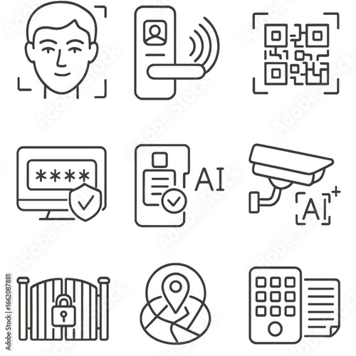 Security Access Icons. Line style icons of security and access automation: facial scan icon, fingerprint door lock, smart badge
