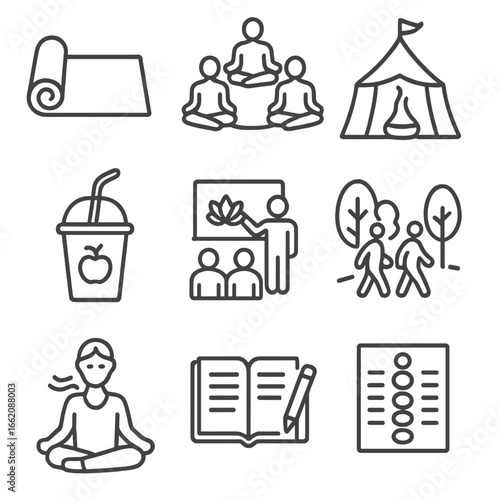 Wellness Icon Set. Line style icons of wellness and mindfulness festivals: yoga mat setup, meditation circle icon, aroma diffuser