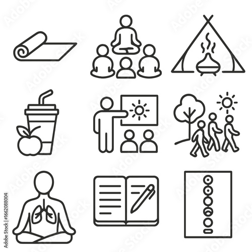 Wellness Icon Set. Line style icons of wellness and mindfulness festivals: yoga mat setup, meditation circle icon, aroma diffuser