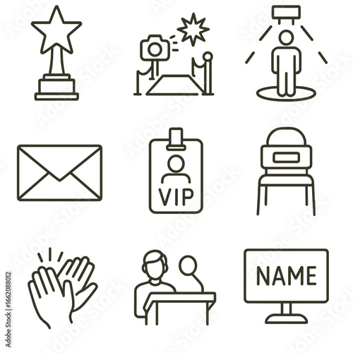 Award Ceremony Icons. Line style icons of award and red carpet ceremonies: star trophy icon, red carpet camera flash, spotlight on