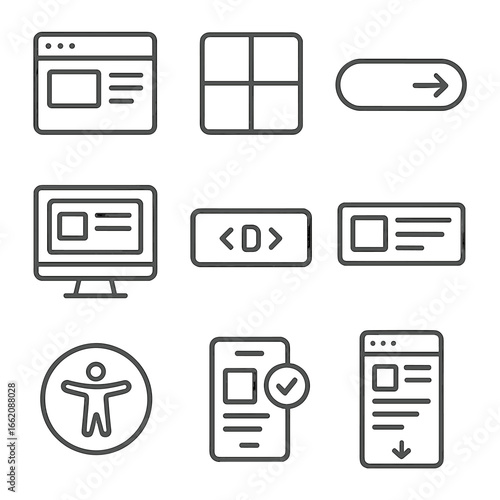 Web Design Icons. Line style icons of web and digital design components: website hero section, grid container icon, call-to-action