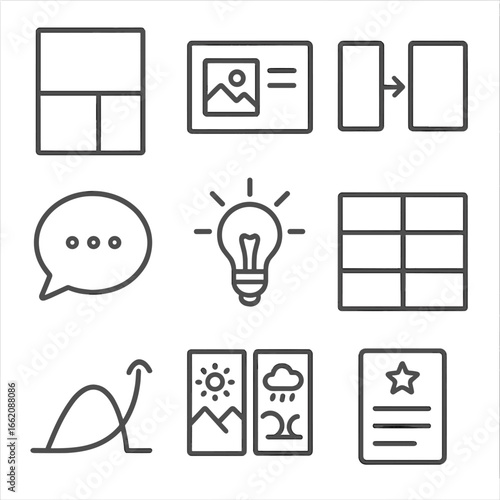 Storytelling Icon Elements. Line style icons of visual storytelling and narration: comic panel frame, image + text block icon,