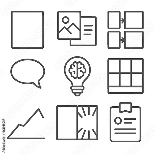 Storytelling Icon Elements. Line style icons of visual storytelling and narration: comic panel frame, image + text block icon,