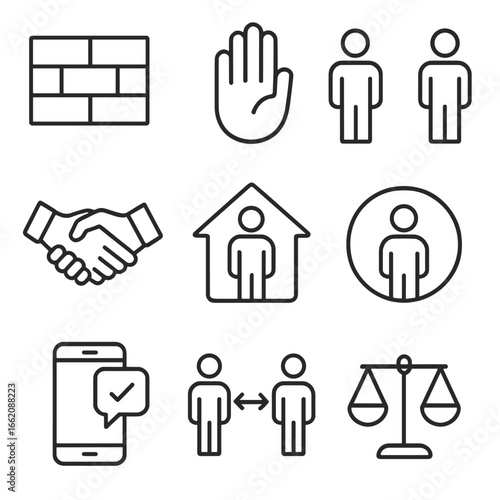 Social Wellness Icons. Line style icons of social wellness and boundaries: healthy boundary wall, “no” hand icon, mutual respect