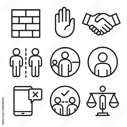 Social Wellness Icons. Line style icons of social wellness and boundaries: healthy boundary wall, “no” hand icon, mutual respect