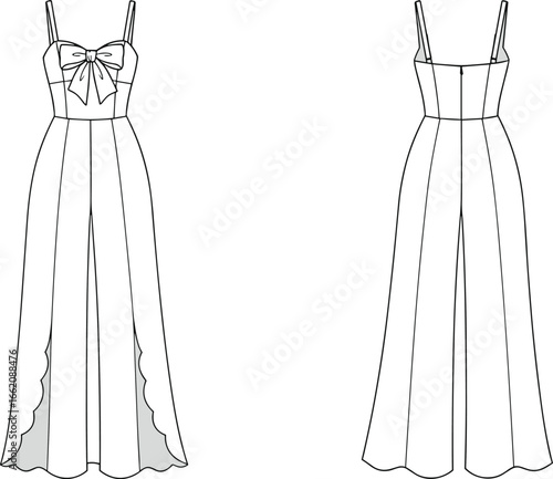 Elegant jumpsuit flat sketch, sleeveless strappy wide leg outfit with bow detail, scalloped hem cad drawing, women’s fashion vector template