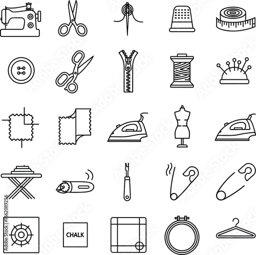 Sewing icons set, tailoring tools illustrations, fashion design symbols, dressmaking graphics, needlework, fabric cutting, stitching, embroidery, clothing accessories, textile industry elements