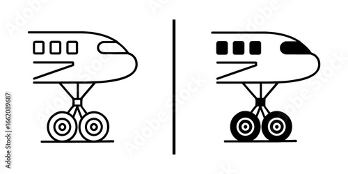Air Travel Abstract: A minimalist linear design of two airplane nose profiles and landing gear, separated by a vertical line, symbolizing air travel and aviation in a clean, modern way.