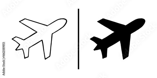 Air travel illustrations: An iconic vector illustration of an airplane, rendered in both outline and solid silhouette forms, symbolizing the essence of air travel and aviation.