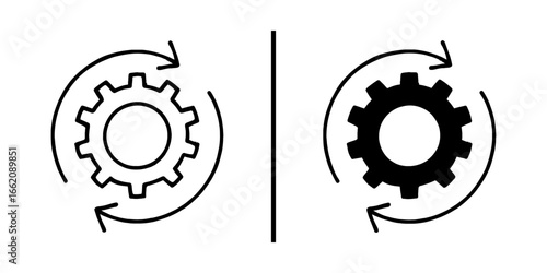 Gear Icon and Refresh: Two stylized gear icons, one a crisp outline, the other solid, are framed by looping arrows, symbolizing the cycle of processing, update, and refinement in a digital context.