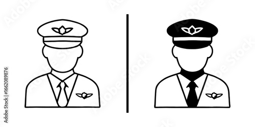 Pilot Uniforms: This image shows two pilots in crisp uniform. The first with a light-colored cap and uniform and the second with a dark colored cap and uniform.
