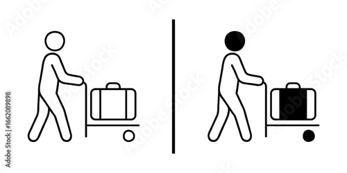 Luggage Cart Journey: A simple illustration shows a person navigating the journey with a luggage cart, symbolizing travel and the anticipation of destination. 