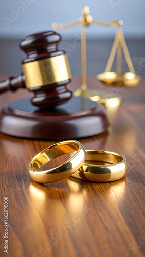 Wedding rings, gavel, and scales of justice on wooden surface