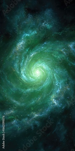 A swirling, teal nebula with a bright center, radiating outward in a spiral pattern against a dark backdrop