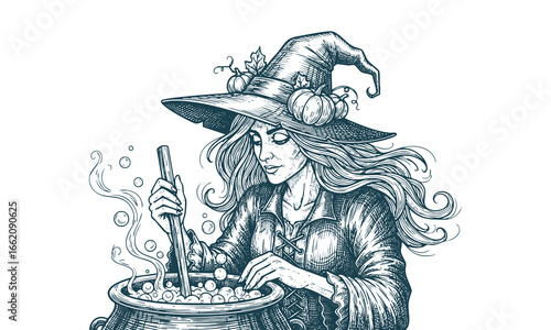 Vector art of vintage witch brews a potion in cauldron