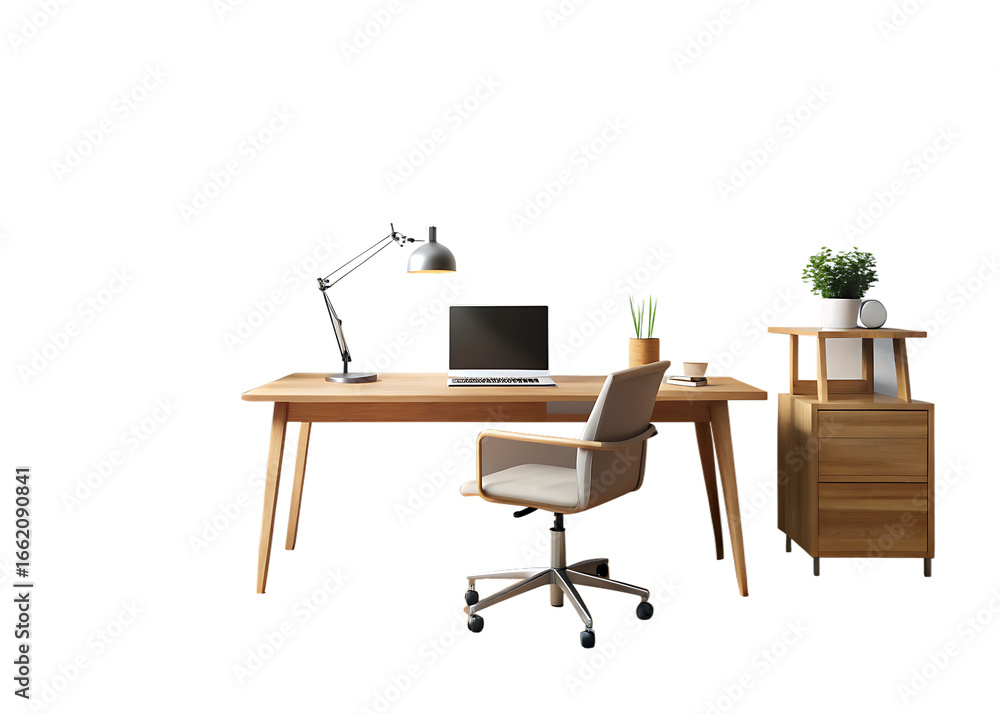 Fototapeta premium Modern Minimalist Home Office with Wooden Desk isolated on white and transparent background