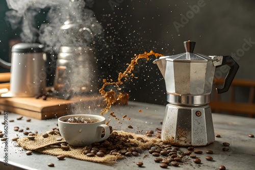 Splash of coffee and milk, and coffee moka explosion, and Black hot tea is good for health