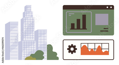 Modern skyscrapers beside a digital dashboard showing growth graphs and settings. Ideal for urban planning, business analysis, technology, innovation, growth, real estate, simple flat metaphor
