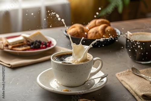 Splash of coffee and milk, and coffee moka explosion, and Black hot tea is good for health