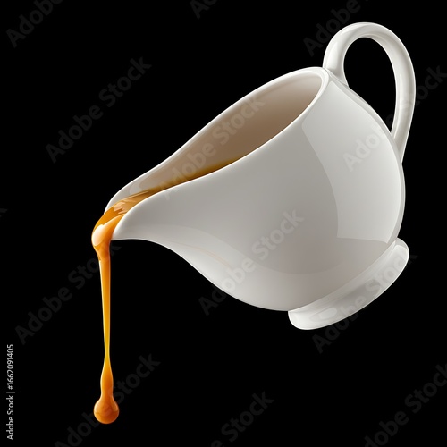 Elegant white gravy boat pouring rich, golden sauce against a black background, perfect for culinary projects