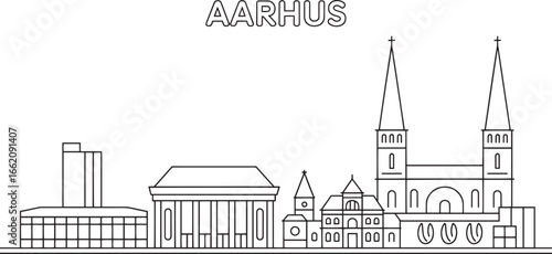Aarhus Denmark Detailed Line Art Skyline Featuring Iconic Landmarks and Architectural Design