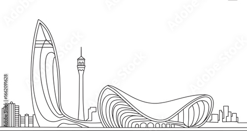 Azerbaijan Skyline Silhouette Vector Illustration with Baku City Buildings and Landmarks Outline