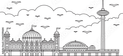 Baku Skyline Vector Illustration Azerbaijan Cityscape Outline Silhouette with Clouds and Birds