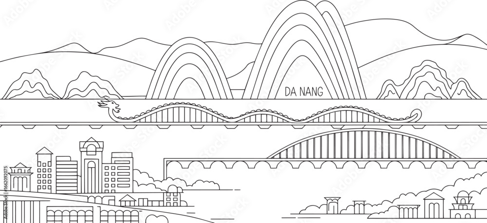 Fototapeta premium Da Nang Vietnam Detailed Line Art Skyline Featuring Dragon Bridge and Coastal Scenery
