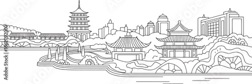 Chinese Skyline Outline Vector Illustration with Pagodas, Temples, and Traditional Buildings