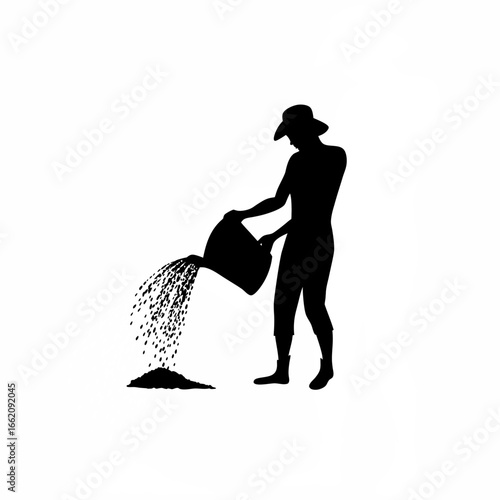  Farmer pouring grain from basket into sack silhouette on white background