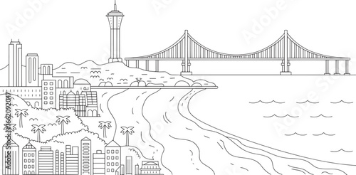 Coastal City Skyline Vector Art with Bridge and Tower Silhouette on Seaside Landscape