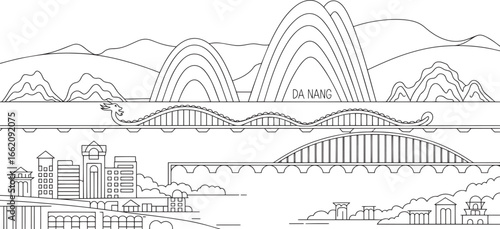 Obraz na płótnie Da Nang Vietnam Detailed Line Art Skyline Featuring Dragon Bridge and Coastal Sc