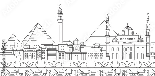 Detailed Cairo Skyline Vector Illustration with Pyramids and Landmarks in Outline Style on Transparent