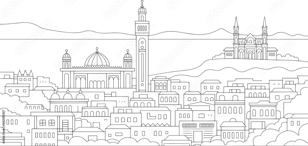 Fototapeta premium Detailed Cityscape Outline Vector Illustration with Architectural Landmarks and Urban Skyline Design