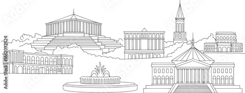 Detailed Line Art Skyline of Athens Greece Vector Illustration with Transparent Background