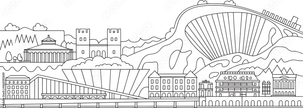 Obraz premium Detailed Outline of a Cityscape with Bridges, Buildings, and Roller Coaster Against a Transparent Backdrop