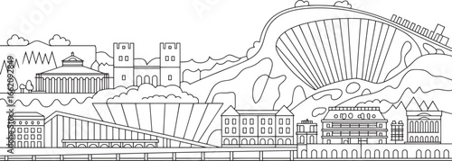 Detailed Outline of a Cityscape with Bridges, Buildings, and Roller Coaster Against a Transparent Backdrop