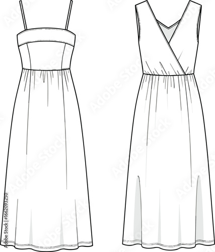 Fashion cad flat sketch of women sleeveless midi dress with spaghetti straps, gathered waist, cross back, technical clothing template illustration