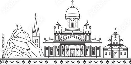 Helsinki Skyline Line Art with Helsinki Cathedral and Uspenski Cathedral in Finland